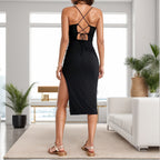 New European And American Sexy Backless Slit Slim Sleeveless Sling Dress